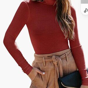 REORIA Women's Long Sleeve High Neck Ribbed Stretch Bodysuit Rust Size XL NWT